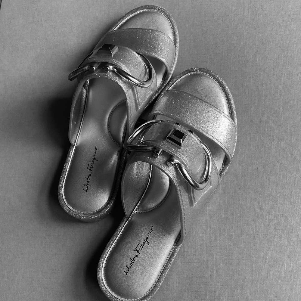 Salvatore Ferragamo Metallic Grey Slide Sandals